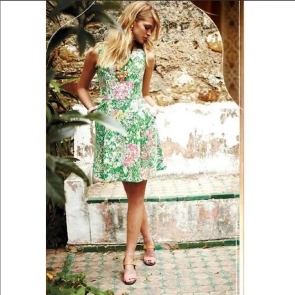 Anthropologie Maeve Laced Verbena Green Floral Fit & Flare Dress Size 10 - Picture 9 of 12